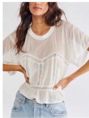 Free People Cream Sheer Lace-Panel Short Sleeve Tee